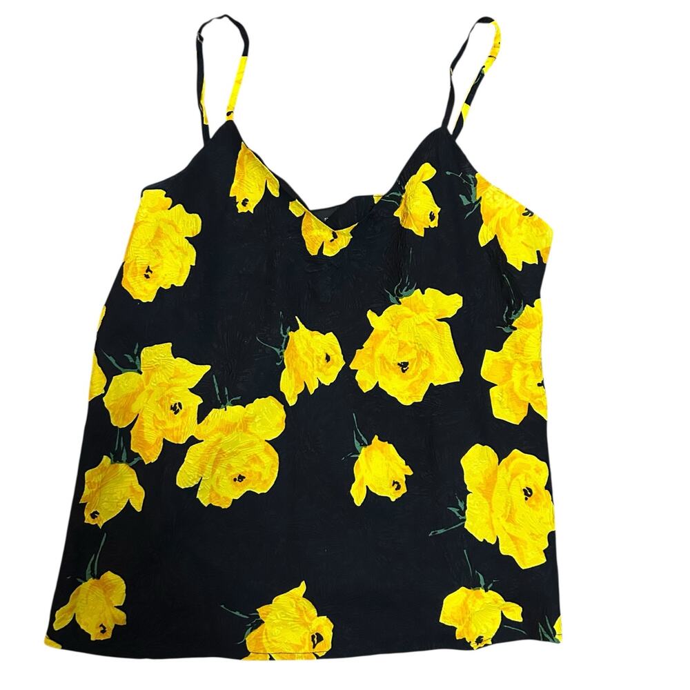Vintage Y2K 90s Floral Silk Cami Tank Womens Large Black Yellow Romantic Fairy
